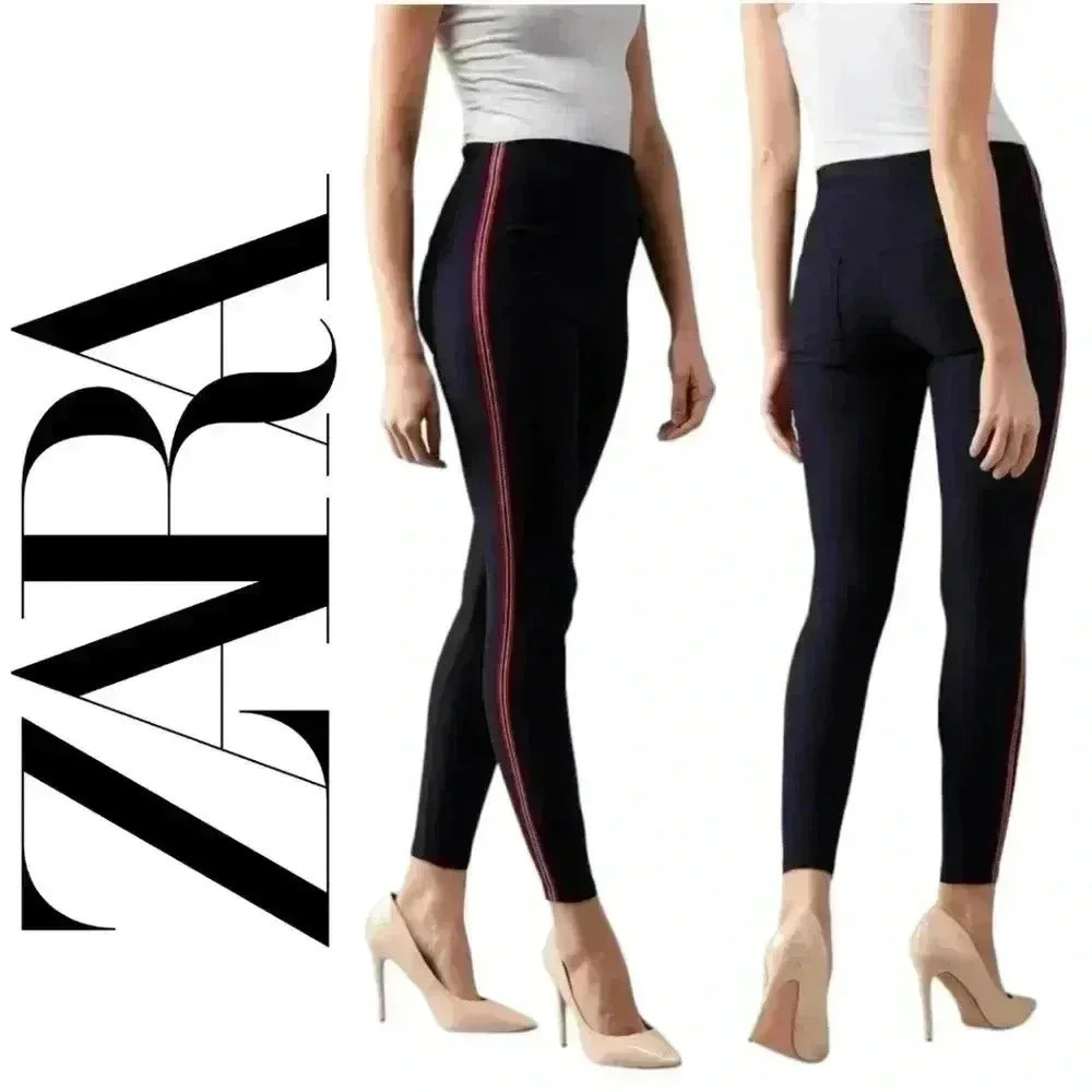 Zara Basics Z1975 Denim Navy Skinny Jeans Red White Stripe Sides Stretchy Size 4 - Picture 1 of 12
